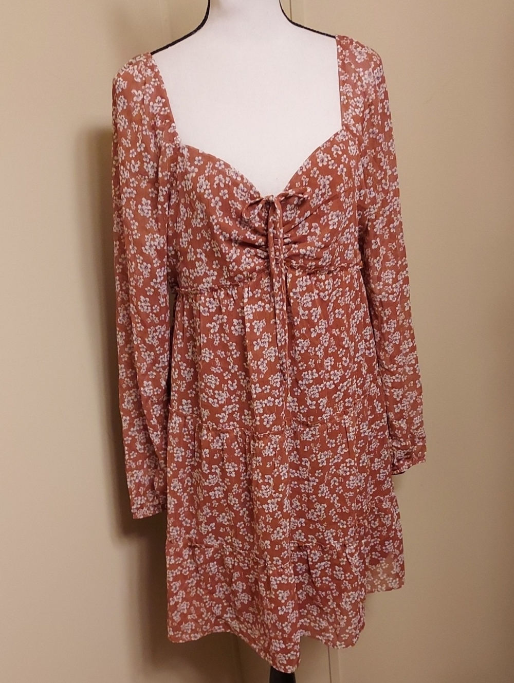 I.N. San Francisco Rust Floral Tie-Front Long Sleeve Dress